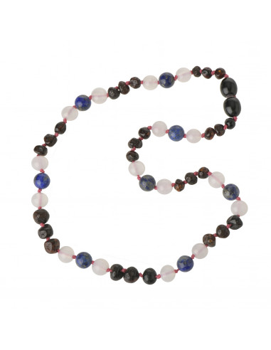Cherry Baroque Polished Amber & Quartz & Lapis Lazuli Teething Necklace for Child