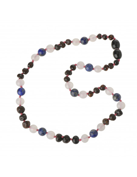 Cherry Baroque Polished Amber & Quartz & Lapis Lazuli Teething Necklace for Child