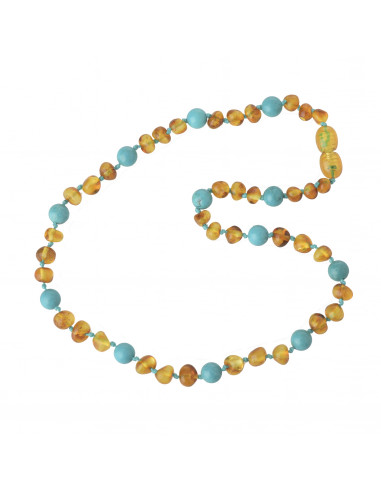 Cognac Baroque Polished Amber & Turquoise (Green) Beads Teething Necklace for Child