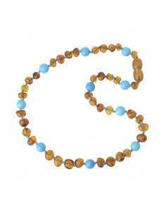 Cognac Baroque Polished Amber & Turquoise (Blue) Beads Teething Necklace for Child