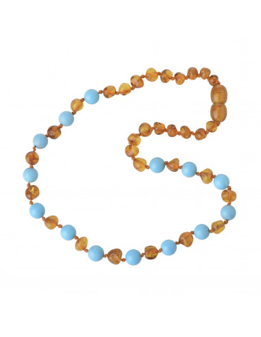 Cognac Baroque Polished Amber & Turquoise (Blue) Beads Teething Necklace for Child