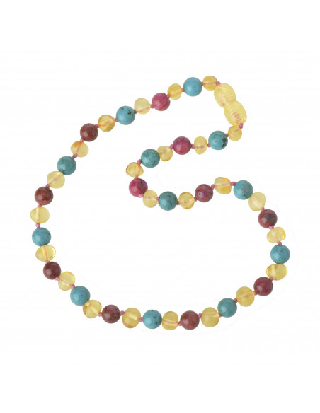 Lemon Baroque Polished Amber & Turquoise  & Rose Agate Beads Teething Necklace for Child