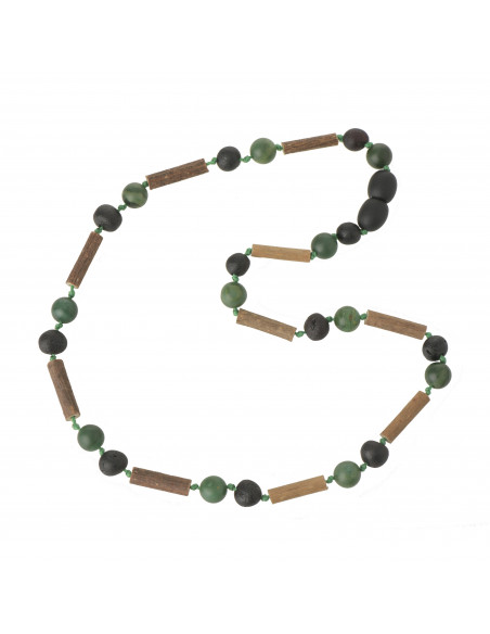 Necklace from Hazelwood Sticks for Child  with Cherry Baroque Polished Baltic Amber & African Jade