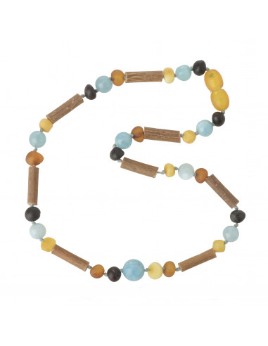Cherry & Milky & Cognac Baroque Raw Amber and Aquamarine Hazelwood Necklace for Child