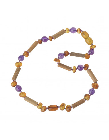 Necklace from Hazelwood Sticks for Child with Cognac Baroque & Olive Polished Amber & Amethyst