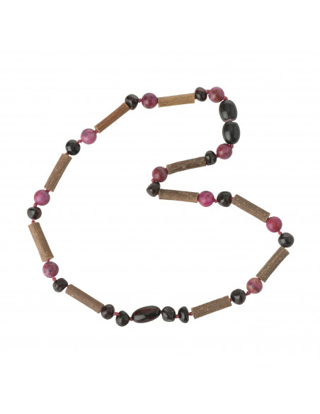 Necklace from Hazelwood Sticks  for Child with Cherry Baroque & Olive Polished Amber & Rose Agate Beads