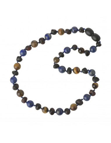 Cherry Baroque Raw Amber & Tiger Eye & Lapis Lazuli Necklace for Child