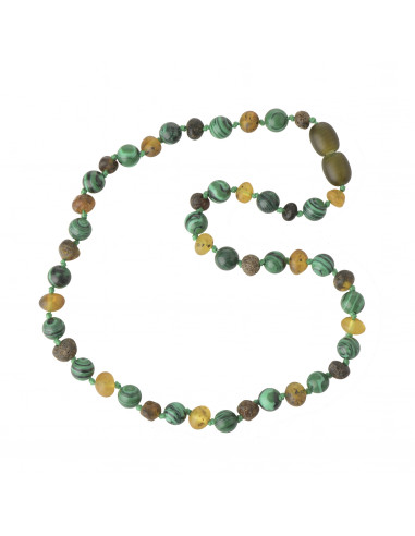 Green Baroque Raw Baltic Amber & Malachite Teething Necklace for Child