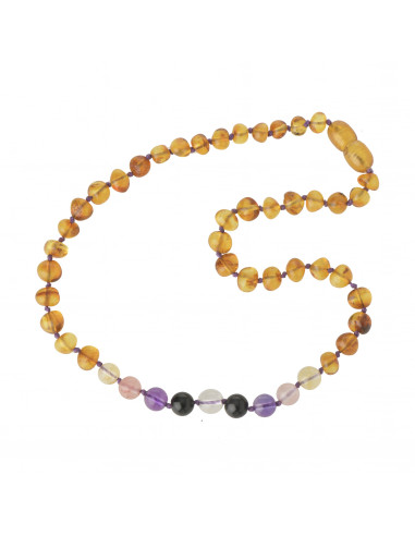 Cognac Baroque Polished  Amber Necklace for Child with Mix of Gemstone