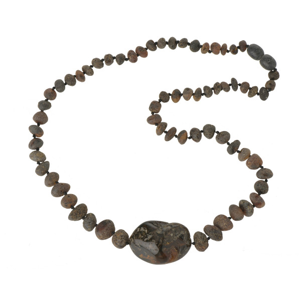 Men Necklace from Green Raw Amber with Big Polished Amber Stone in The Center