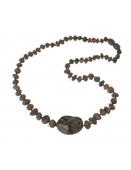 Men Necklace from Green Raw Amber with Big Polished Amber Stone in The Center