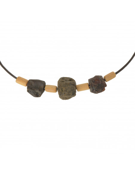 Raw Cognac Baltic Amber & Wood Bead Necklace for Men