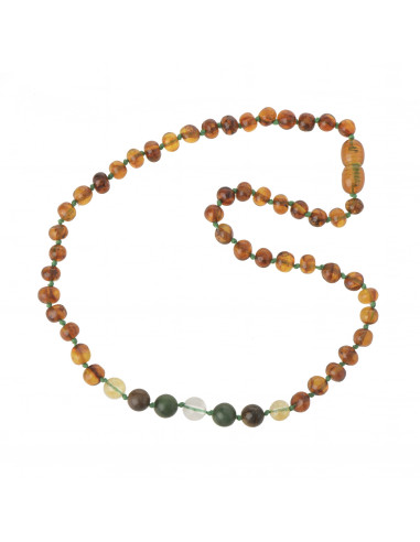 Cognac Baroque Polished Amber Necklace for Child  with Mix of Gemstone