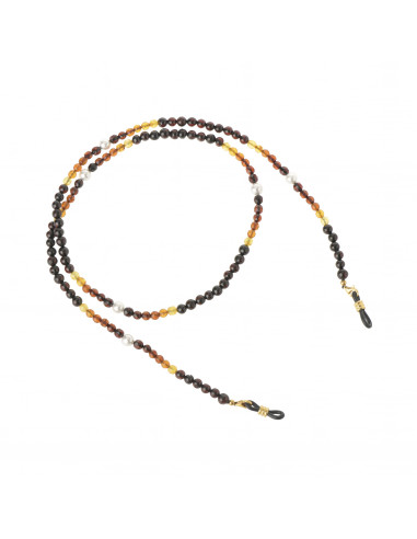Round Cherry & Rainbow faceted Baltic Amber Beads Sunglass / Glasses Chain with Pearl Beads