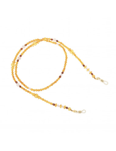 Faceted Cognac Baltic Amber Beads Sunglass / Glasses Chain with Rose Quartz Beads