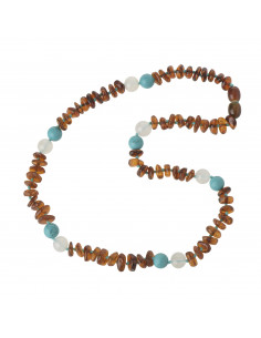 Cognac Half Baroque Polished Baltic Amber & White Agate & Green Turquoise Necklace for Adult