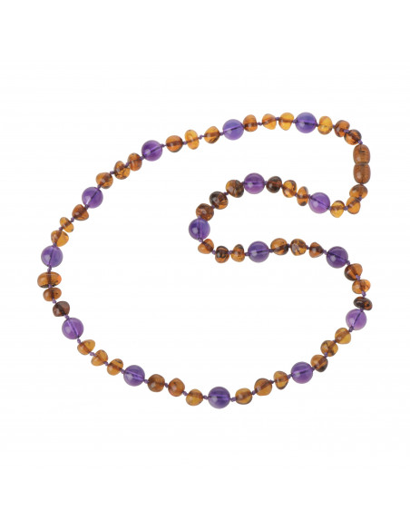Cognac Baroque Polished Baltic Amber & Purple Amethyst  Necklace for Adult
