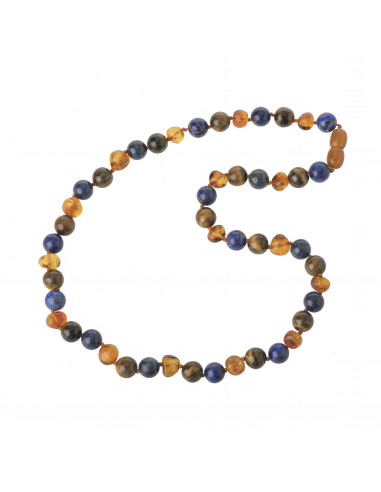 Cognac Baroque Polished Baltic Amber & Lapis Lazuli & Tiger Eye Beads Necklace for Adult