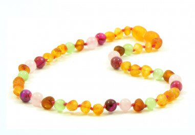 Honey Baroque Raw Amber & Rose Agate & Quartz & Cat Eye Necklace