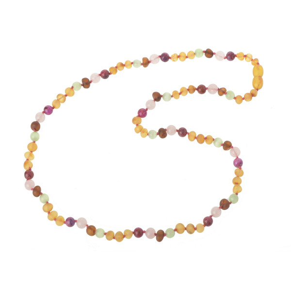 Honey Baroque Raw Amber & Rose Agate & Quartz & Cat Eye Necklace