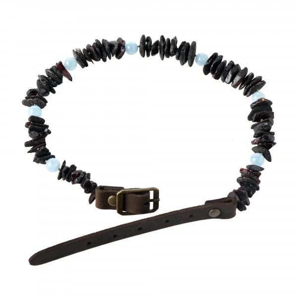 Raw Cherry Baltic Amber & Aquamarine Pet Collar with Leather Strap