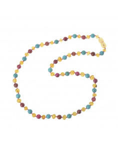 Lemon Baroque Polished Natural Baltic Amber & Rose Agate & Turquoise Beads Necklac