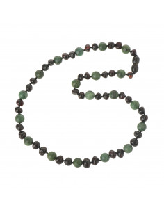 Cherry Baroque Polished Natural Baltic Amber & African Jade Beads  Necklace for Adult