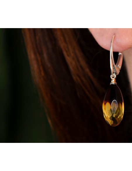 Green Faceted Baltic Amber Drop Earrings with 925 Sterling Silver