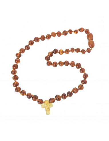 Cognac Baroque Polished Amber Beads Necklace for Child with Lemon Cross Pendant