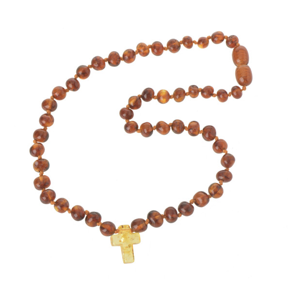 Cognac Baroque Polished Amber Beads Necklace for Child with Lemon Cross Pendant
