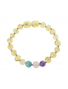 Polished Lemon Amber and Turquoise & Quartz & Amethyst gemstone Teething Bracelet for Child