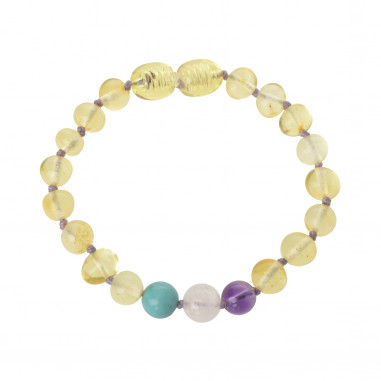 Polished Lemon Amber and Turquoise & Quartz & Amethyst gemstone Teething Bracelet for Child