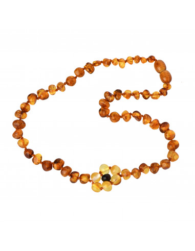 Cognac Polished Amber Teething Necklace for Baby with Lemon Amber Flower