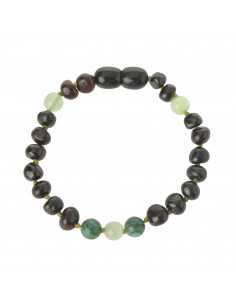 Polished Cherry Baroque Amber, Malachite, Cat Eye Teething Bracelet-Anklet for Child