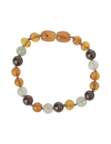 Polished Light Cognac Amber, Garnet & Fluorite Teething Bracelet-Anklet for Child