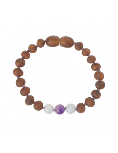 Cognac Baroque Raw Baltic Amber & Aquamarine & Amethyst Teething Bracelet-Anklet