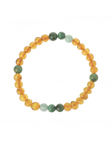 Ligtht Cognac Polished Baroque Amber Bracelet with Amazonite, African Jade And Malachite