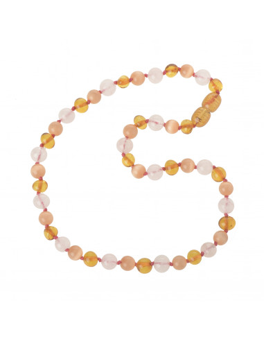 Light Polished Cognac Baroque Amber & Quartz & Cat Eye Teething Necklace for Child