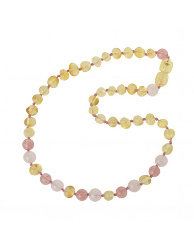 Polished Lemon Baroque Amber & Rose and Cherry Quartz Teething Necklace