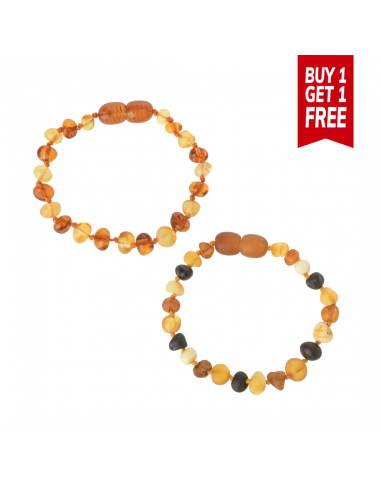 1 Polished Cognac & Lemon Amber Teething Bracelet + 1 Raw Multi Color Amber Teething Bracelet