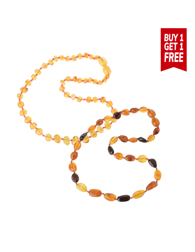 1 Baroque Lemon Amber Teething Necklace on Red String + 1Raw Rainbow Amber Teething Necklace