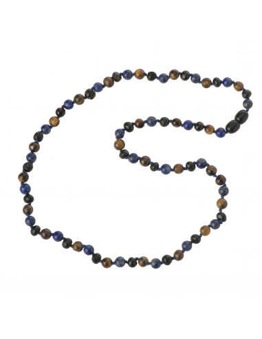 Cherry Baroque Polished Amber & Lapis Lazuli & Tiger Eye Necklace for Child