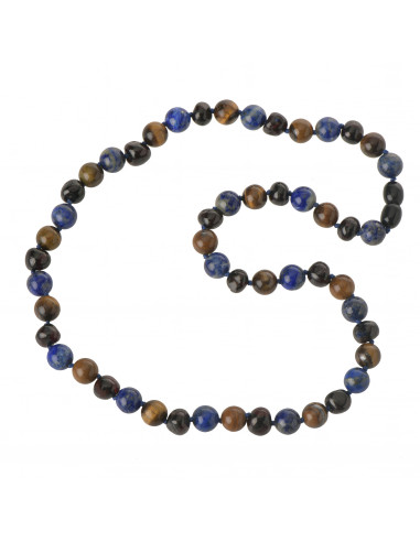 Cherry Baroque Polished Baltic Amber & Lapis Lazuli & Tiger Eye Beads Necklace for Adult