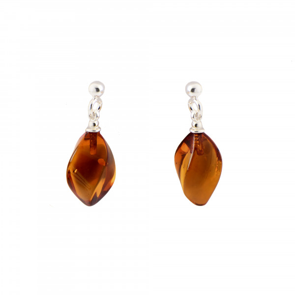 Cognac Twisted Amber Drop Earrings with 925 Sterling Silver