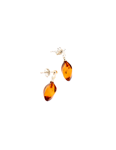 Cognac Twisted Amber Drop Earrings with 925 Sterling Silver