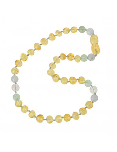 Lemon Baroque Polished Baltic Amber & Aquamarine & Crystal Quartz & Flourite Teething Necklace for Child