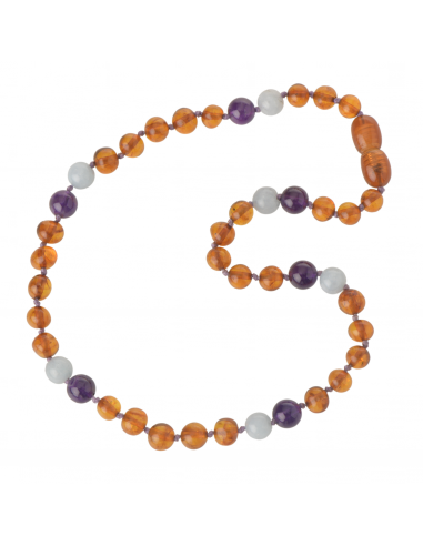 Cognac Baroque Polished Baltic Amber & Aquamarine & Ametiste Teething Necklace for Child