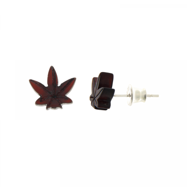 Cherry amber hemp leaf stud earrings 925 sterling silver – front view