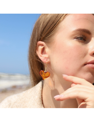 Polished Cognac Baltic Amber Heart Earrings
