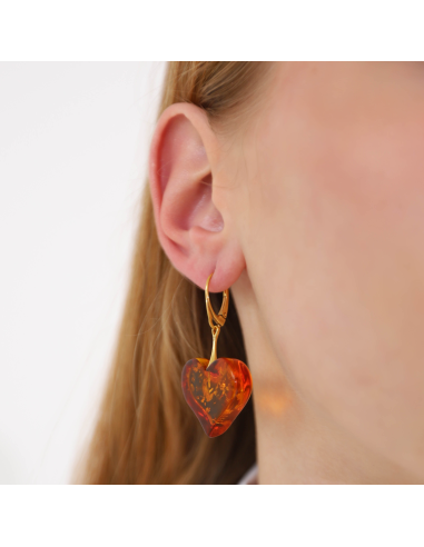 Polished Cognac Baltic Amber Heart Earrings